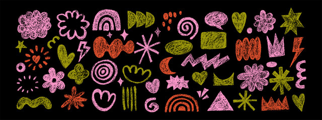 Obraz premium Abstract crayon doodle grunge scribble set. Modern childish hand drawn elements on chalkboard. Vector isolated illustration.