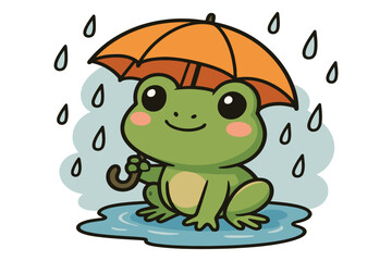 Obraz premium A cheerful frog holding an umbrella in the middle of a rain shower.