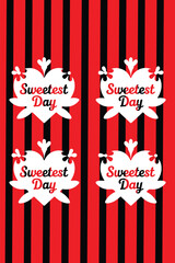 Sweetest day celebration with red and black striped background and heart designs.