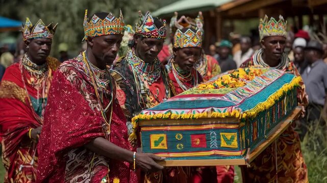 Pallbearers wearing traditional cultural garments respectfully bearing a decorated ceremonial casket during a vibrant and meaningful community funeral event.