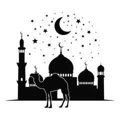 Mosque silhouette with crescent moon and stars night scene
