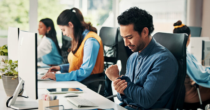 Computer, business man or wrist pain in office from article editing, deadline pressure or workload. Coworking, journalist or joint tension at publishing agency from carpal tunnel, news report or ache