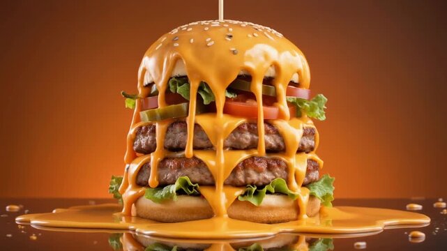 Towering multi layered cheeseburger dramatic studio food photography style video