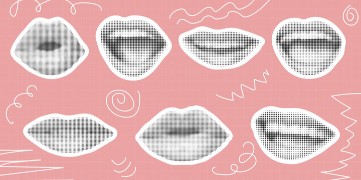 Mouth and lips set in halftone style. Smile, kiss, conversation, silence, meaning. Female mouth in various variations, elements for collage, vector graphics