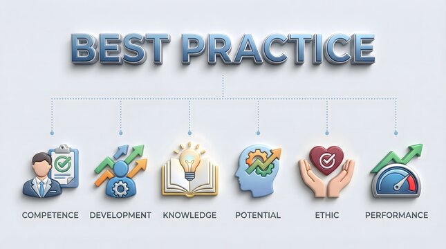 best practice concept with competence, development, knowledge, potential, ethic, performance