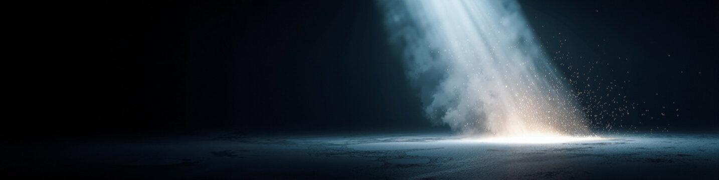 a single broken light beam with floating dust particles on a dark atmospheric stage