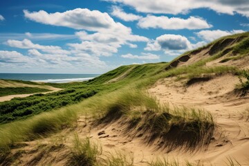 Fototapeta premium Coastal landscape featuring sand dunes covered in grass overlooking the ocean under a cloudy sky
