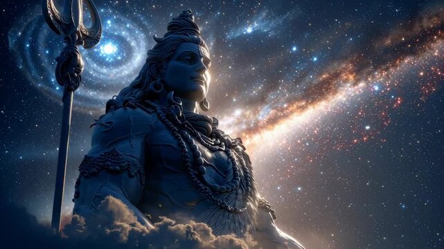 Cosmic Deity Surrounded by Stars and Clouds in a Celestial Atmosphere