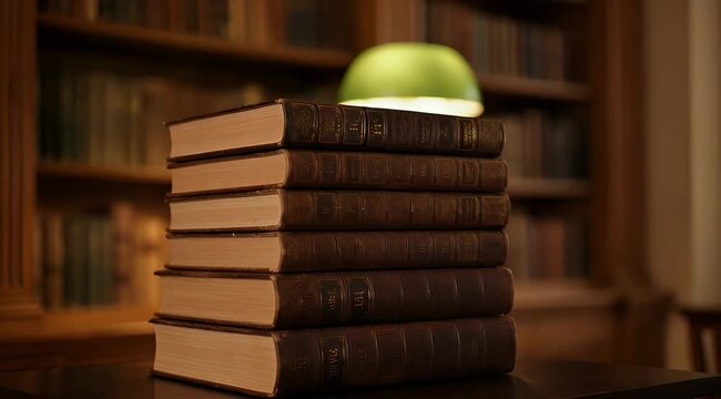 A warm library scene with a stack of leather bound books