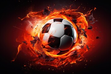 Fototapeta premium Soccer ball surrounded by dynamic flames and particles exploding with intense energy