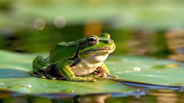 A vibrant green frog rests on a large lily pad amidst calm water with a soft blurred green background and highlights