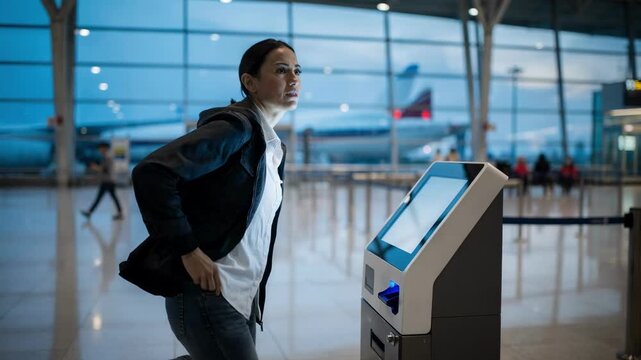 Traveler uses a self service check in kiosk in a modern airport terminal with luggage. Concept of air travel technology and passenger service.