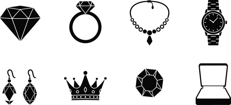 Icon set of luxury jewelry and accessories including diamond ring necklace watch earrings crown and jewelry box