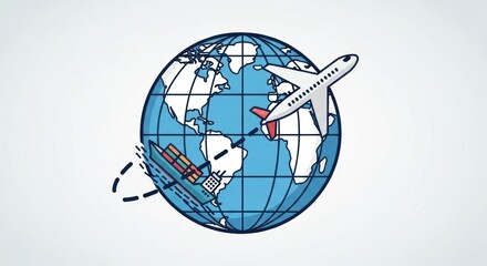 World globe with airplane and cargo ship travel and transportation concept