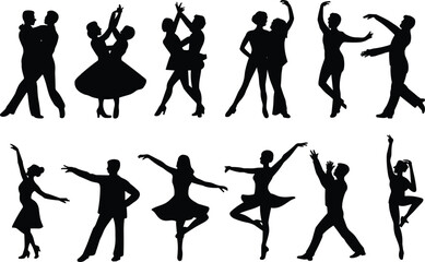 Obraz premium Collection of dancing couple and ballet performer silhouettes isolated on white background elegant movement choreography illustration set for performance design