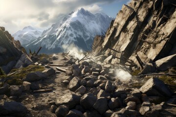 Mountain landscape showing a path covered in rubble from a natural disaster