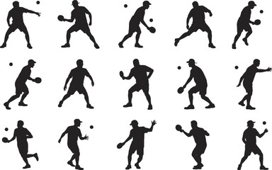 Collection of basketball player silhouettes dribbling passing and shooting poses isolated on white background for sports design illustration set