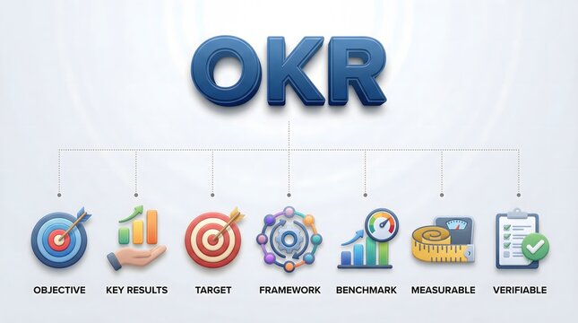 OKR framework concept with icons and keywords