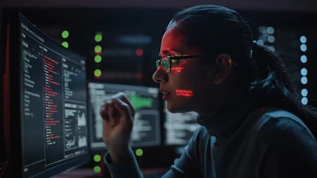 Female Cyber Security Specialist Analyzing Lines of Code on Multiple Monitors in a High-Tech Data Center Environment