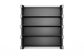 Empty server rack with metal rails on grey background for it networks and data centers