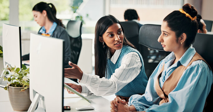 Help, startup and business people on computer for meeting, seo review and website report. Creative team, office and women on tech for kpi research, marketing campaign or planning for project feedback