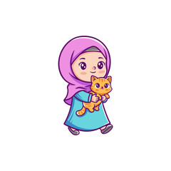 A Girl in Hijab Holding a Cat