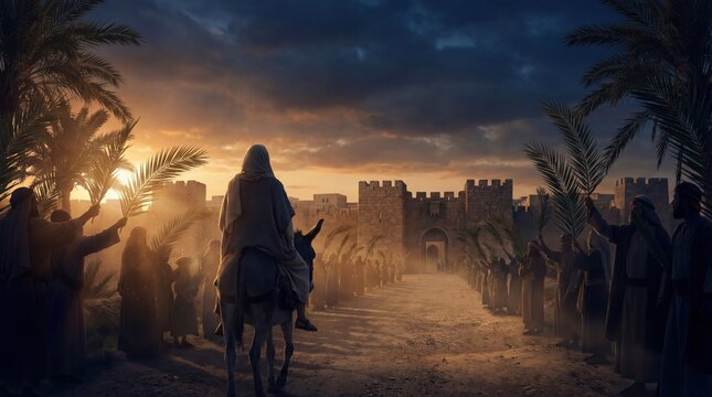 Jesus Christs Triumphal Entry into Jerusalem on a Donkey at Sunset.