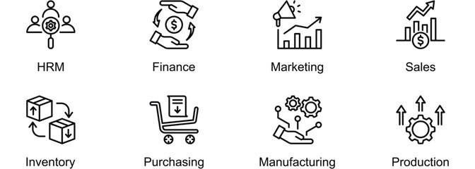 Integration Of Business Functions banner web icon vector illustration of Human Resource Management (HRM), Finance, Marketing, Sales, Inventory, Purchasing, Manufacturing, Production