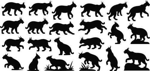 Black cat silhouette bundle, multiple walking running jumping sitting poses, feline animal vector collection, pet icon set isolated on white background © Noman Art