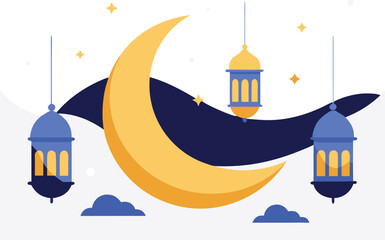 Moon with three lanterns illustration isolated on transparent background, Vector, illustration