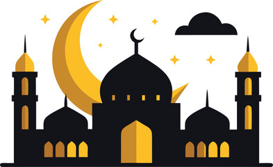 Islamic mosque with crescent moon isolated on transparent background, Vector, illustration