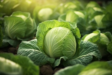 Obraz premium Fresh cabbage plants with water drops thriving under natural sunlight in a farm