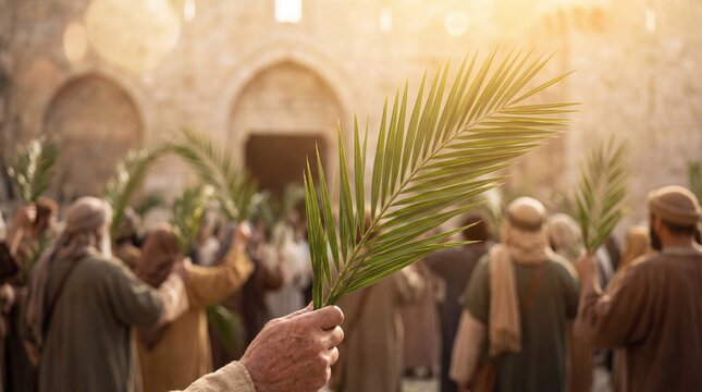 Palm Sunday celebration with people holding palm branches in a sunny outdoor setting.
