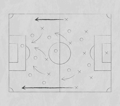 Football and football tactics drawn with chalk marker on a white board vector