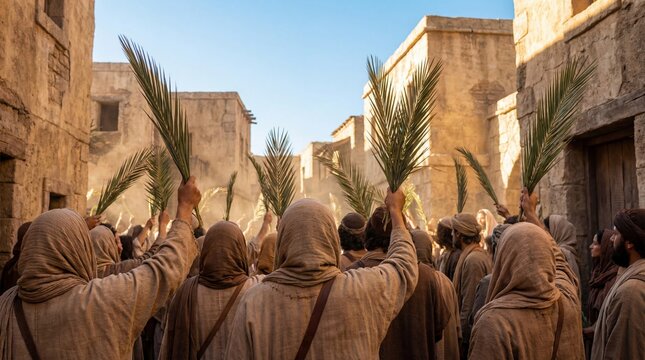Palm Sunday procession in ancient Jerusalem, people waving palm branches.