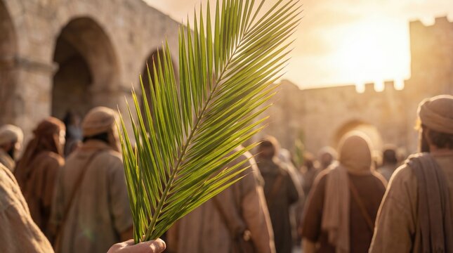 Palm Sunday procession with a palm branch held high, symbolizing Jesuss entry into Jerusalem.