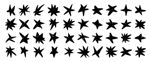 Fototapeta premium Hand drawn crayon black star doodle set. Rough chalk sketch star icons with expressive brush texture. Abstract ink stars collection isolated on white background.