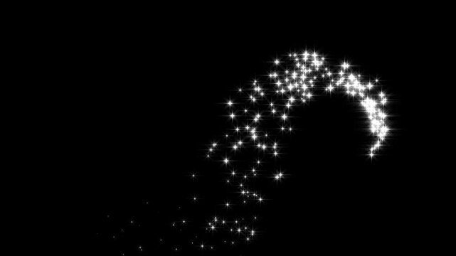 Minimalist white twinkle stars, sparkling glitter particles, magic dust trail, fairy shimmer line, vector star animation, glowing transition effect on black screen chroma key 4K.