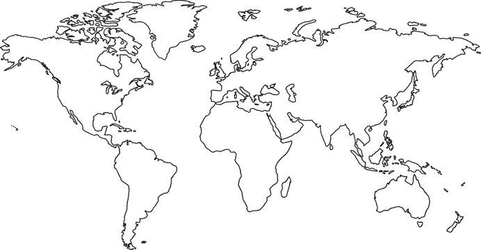Black and white world map outline illustration showing global continents geography boundaries for education navigation infographic design and international mapping concepts
