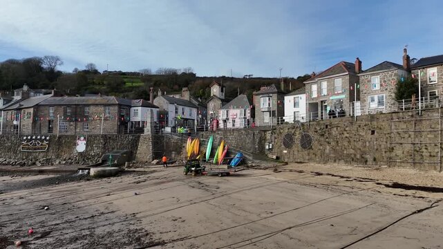 Aerial view Over Mousehole Harbour In Cornwall, UK.