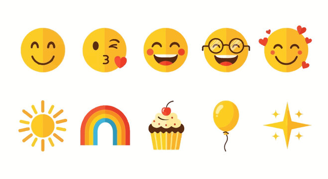 Flat design icons featuring five yellow smiley faces and five positive symbols
