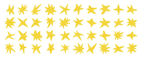 Hand drawn crayon yellow star set in doodle style. Playful chalk sketch stars with rough brush texture and organic shapes. Cute abstract star collection isolated on white background © Mariia Eliseeva
