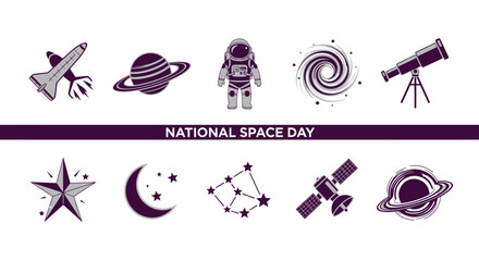 Graphic icons for National Space Day featuring spacecraft celestial bodies and astronaut gear © Agung