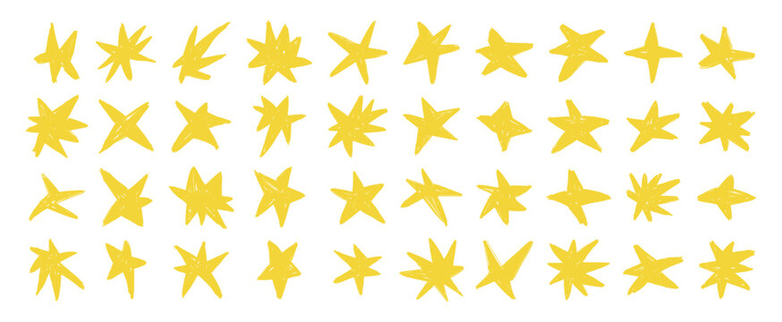 Hand drawn crayon yellow star set in doodle style. Playful chalk sketch stars with rough brush texture and organic shapes. Cute abstract star collection isolated on white background