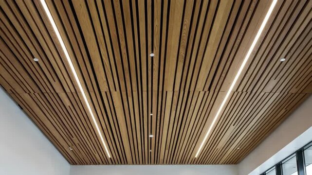 Medium shot of a ceiling installation with slotted acoustic wood panels demonstrating the integration of stylish soundabsorbing elements in architectural design.