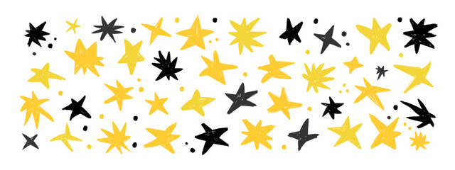 Fototapeta premium Hand drawn chalk yellow and black star doodle pattern. Playful sketch stars with crayon texture and scattered dots. Seamless abstract background for kids and creative design.