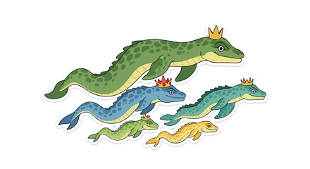 Fototapeta premium Group of cartoon sea monsters with crowns swimming together across the frame