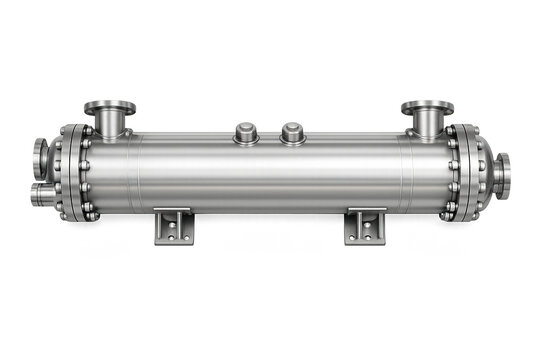 Industrial heat exchanger unit with stainless steel cylindrical design on grey background