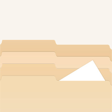 Stack of folders realistic template. Beige paper cases archives mockup. Close up view