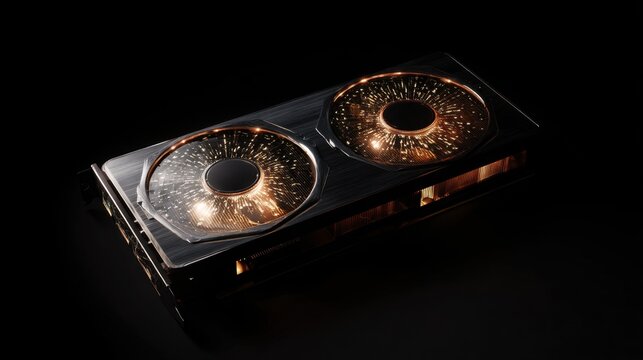 Computer graphic processing unit on dark background. Video card for gaming, cryptocurrency mining, and deep learning. Abstract technology concept.